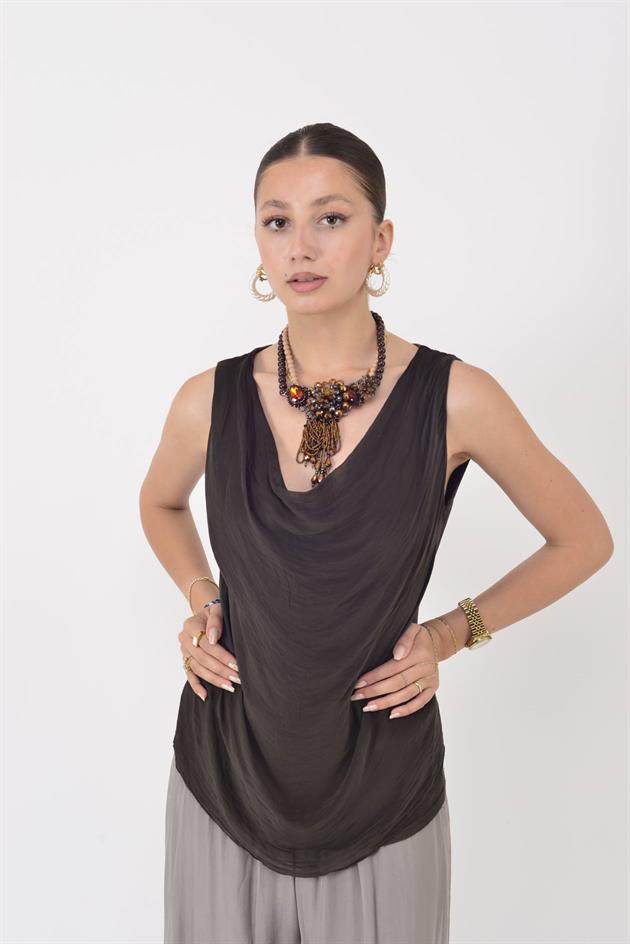 64967 DEGAJE YAKA KOLSUZ İPEK BLUZ