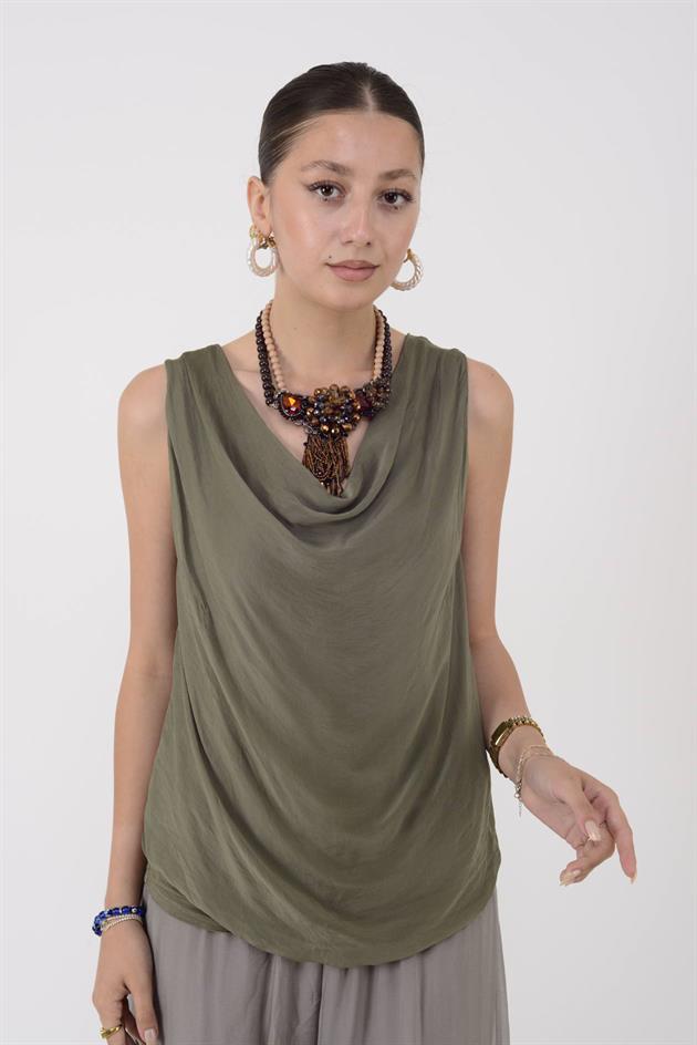 64967 DEGAJE YAKA KOLSUZ İPEK BLUZ