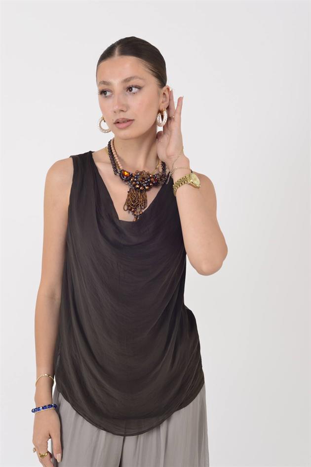 64967 DEGAJE YAKA KOLSUZ İPEK BLUZ