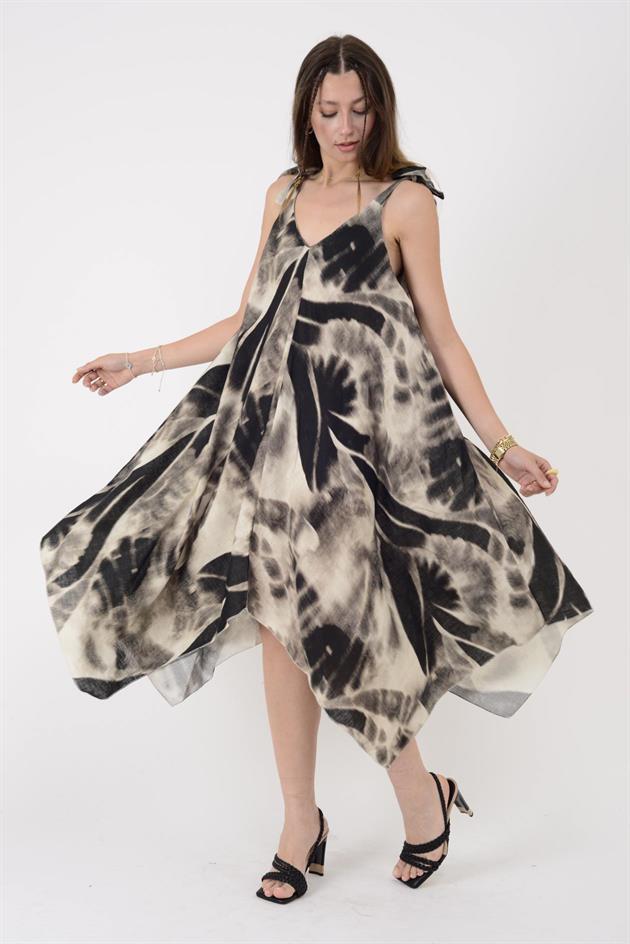 6512 BATİK DESENLİ ÖN ARKA V ASKILI ASİMETRİK KETEN ELBİSE