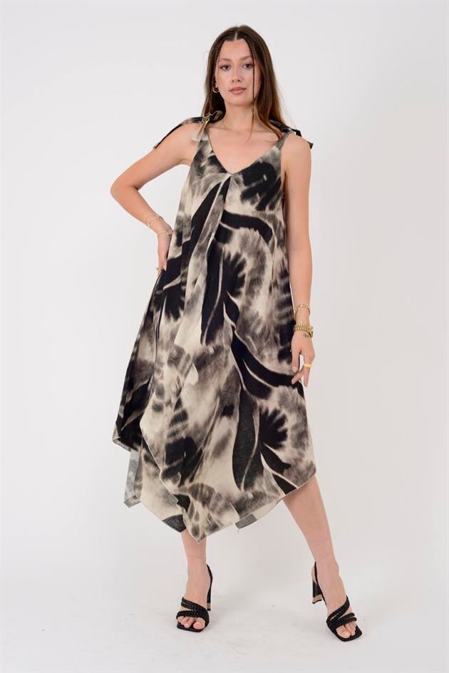 6512 BATİK DESENLİ ÖN ARKA V ASKILI ASİMETRİK KETEN ELBİSE