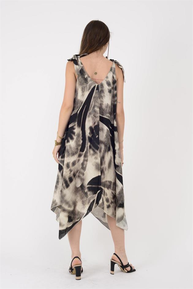 6512 BATİK DESENLİ ÖN ARKA V ASKILI ASİMETRİK KETEN ELBİSE