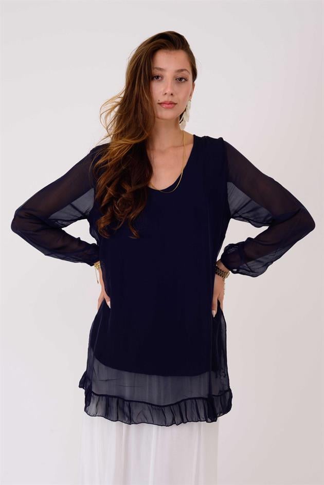 65395 UZUN KOLLU İPEK TUNİK BLUZ