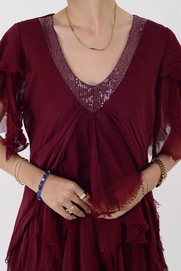 65714 PAYET DETAYLI V YAKA KAT KAT İPEK ELBİSE