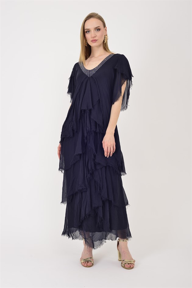 65714 PAYET DETAYLI V YAKA KAT KAT İPEK ELBİSE