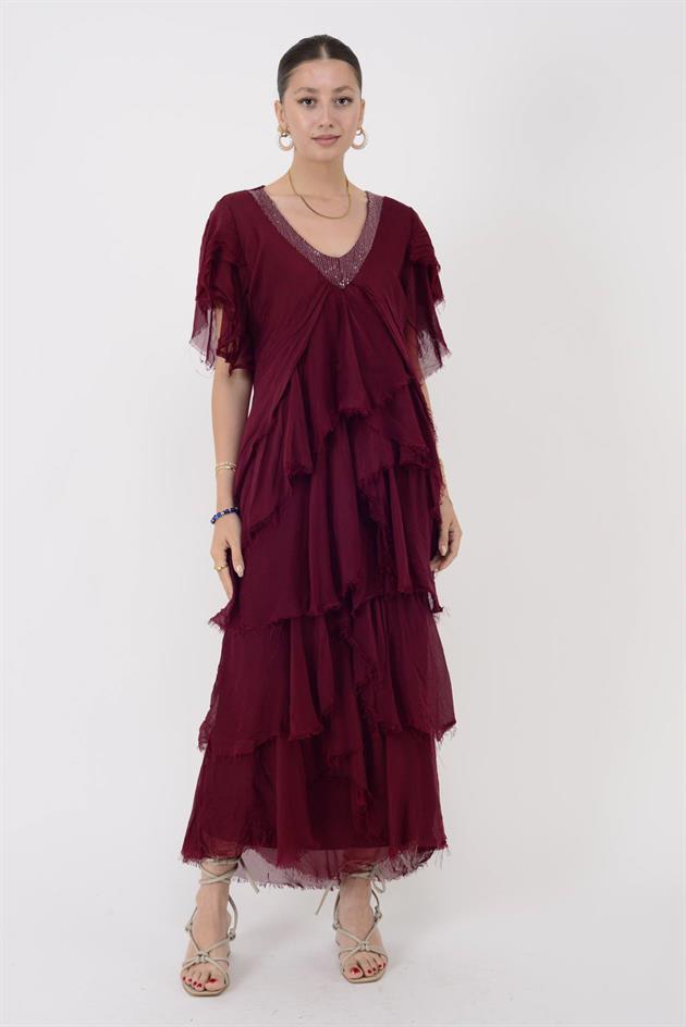 65714 PAYET DETAYLI V YAKA KAT KAT İPEK ELBİSE