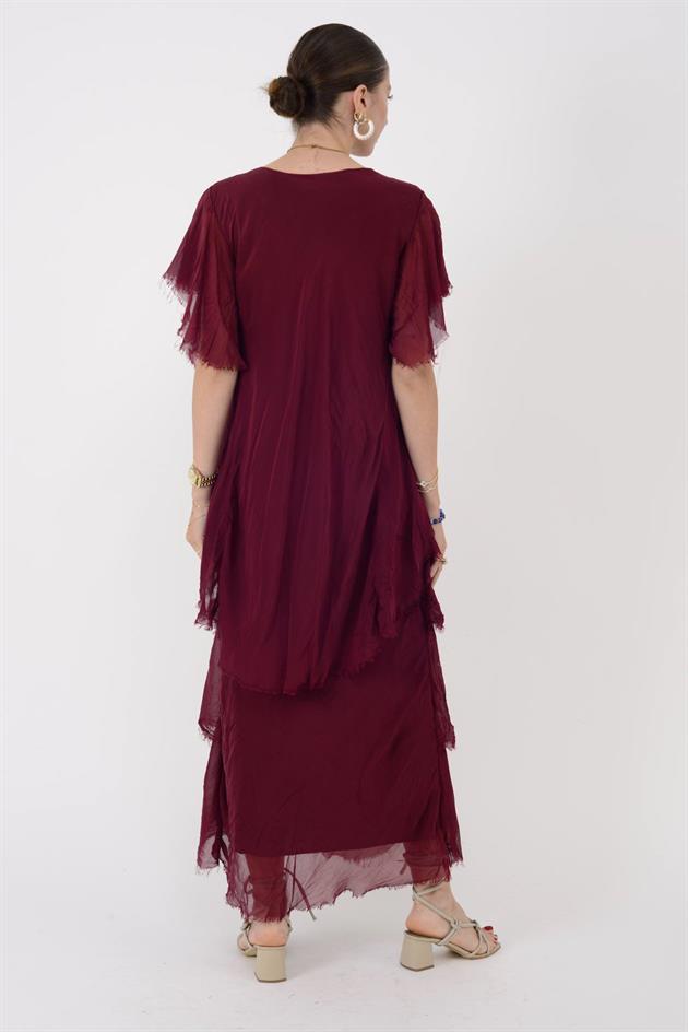 65714 PAYET DETAYLI V YAKA KAT KAT İPEK ELBİSE