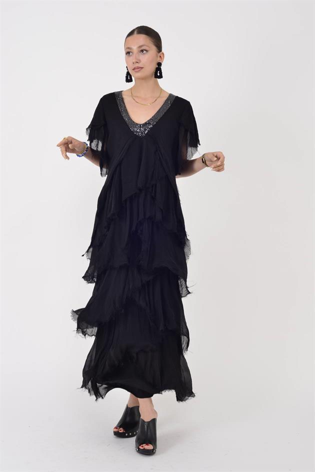 65714 PAYET DETAYLI V YAKA KAT KAT İPEK ELBİSE