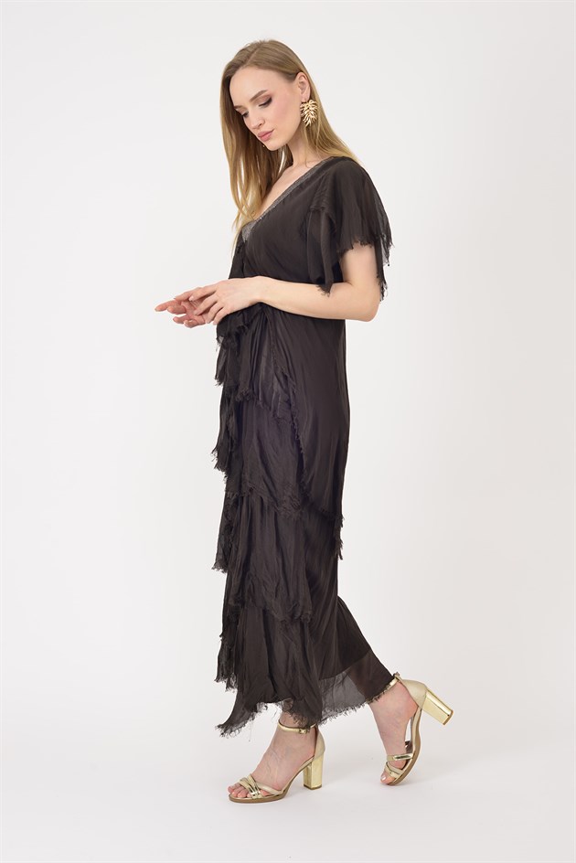 65714 PAYET DETAYLI V YAKA KAT KAT İPEK ELBİSE