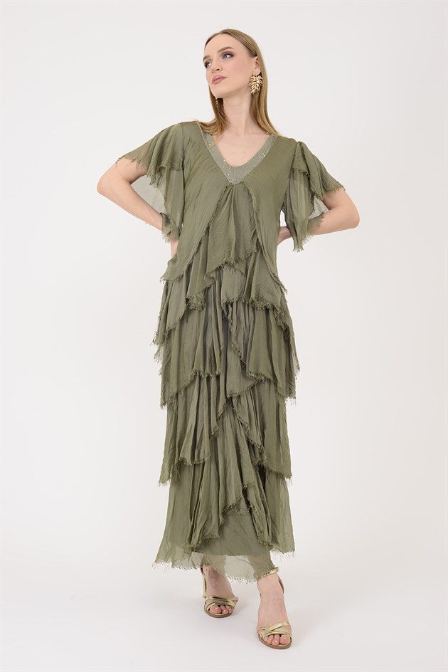 65714 PAYET DETAYLI V YAKA KAT KAT İPEK ELBİSE