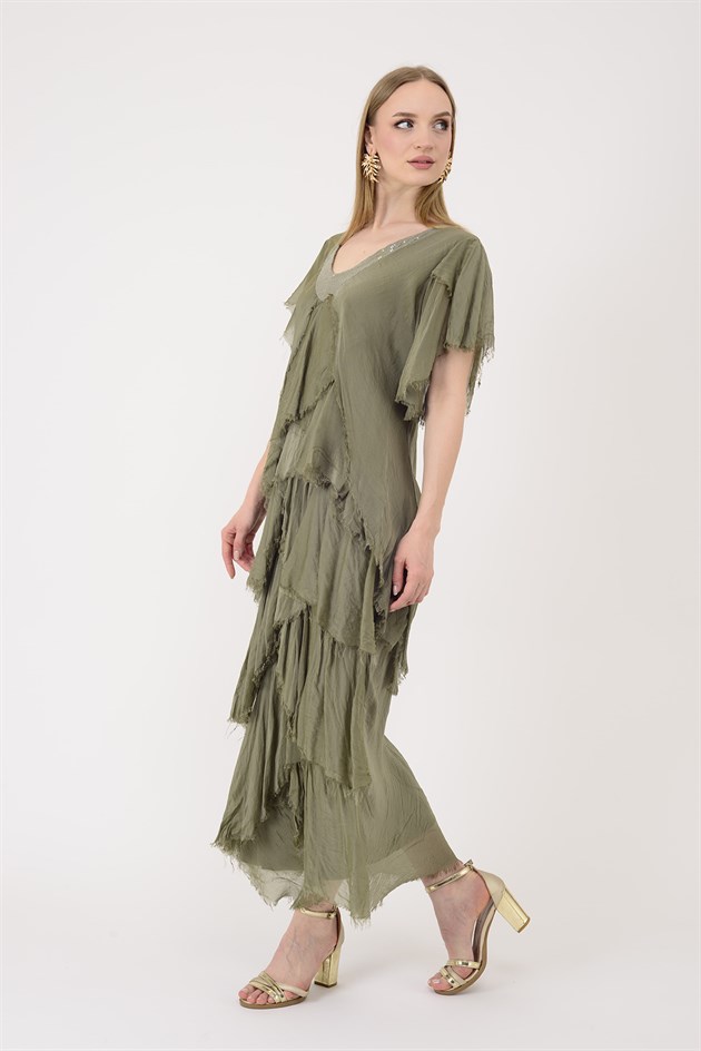 65714 PAYET DETAYLI V YAKA KAT KAT İPEK ELBİSE