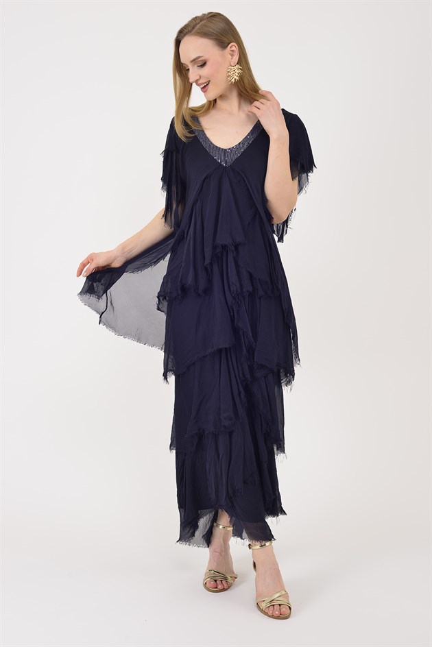 65714 PAYET DETAYLI V YAKA KAT KAT İPEK ELBİSE