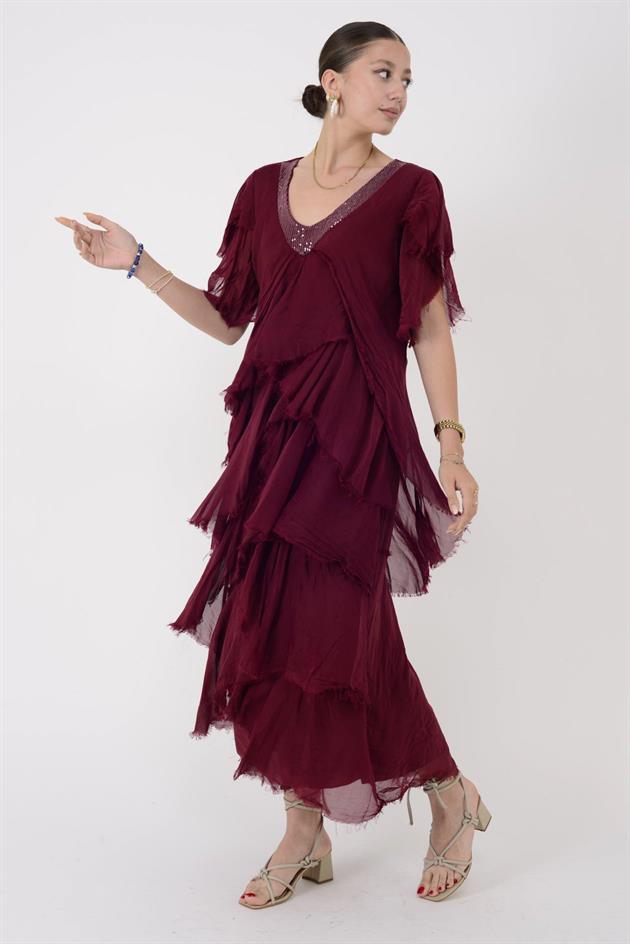 65714 PAYET DETAYLI V YAKA KAT KAT İPEK ELBİSE