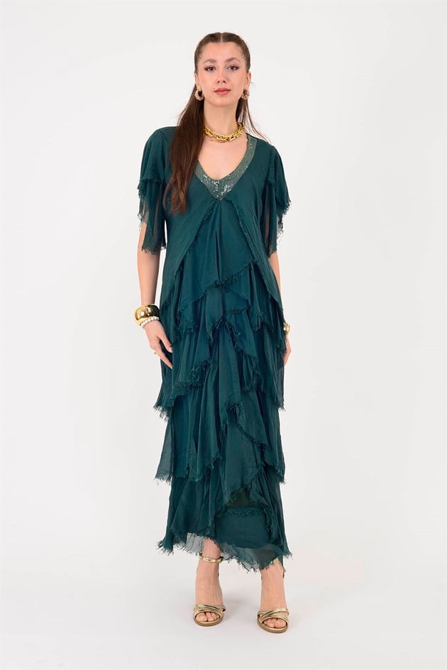 65714 PAYET DETAYLI V YAKA KAT KAT İPEK ELBİSE