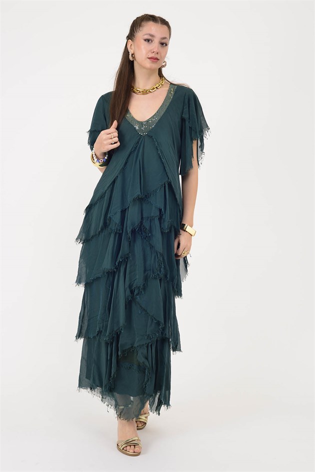 65714 PAYET DETAYLI V YAKA KAT KAT İPEK ELBİSE