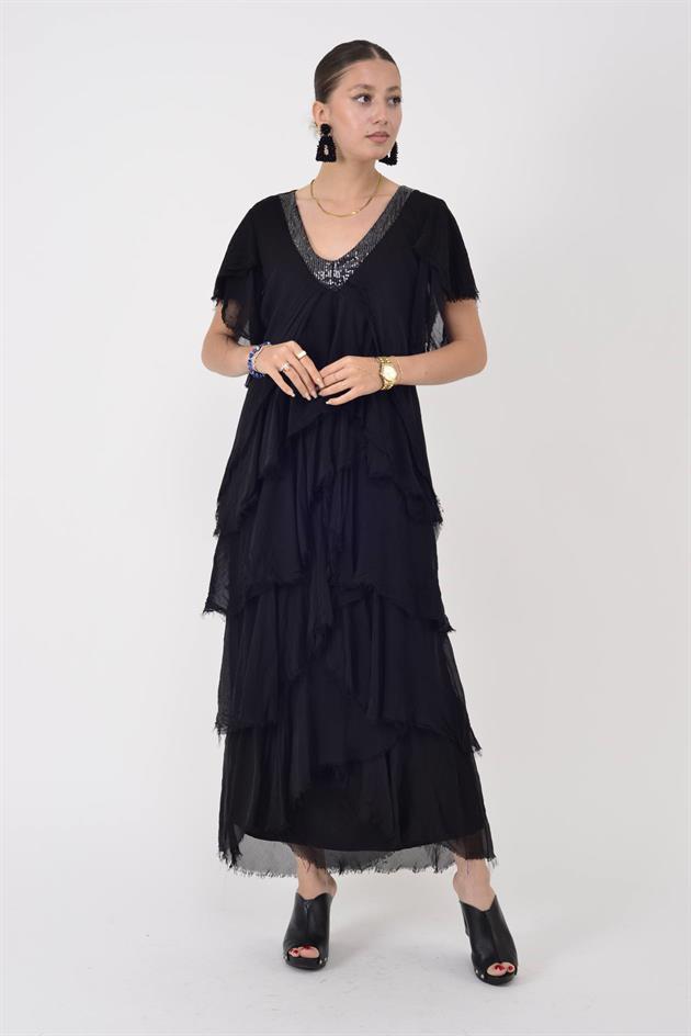 65714 PAYET DETAYLI V YAKA KAT KAT İPEK ELBİSE