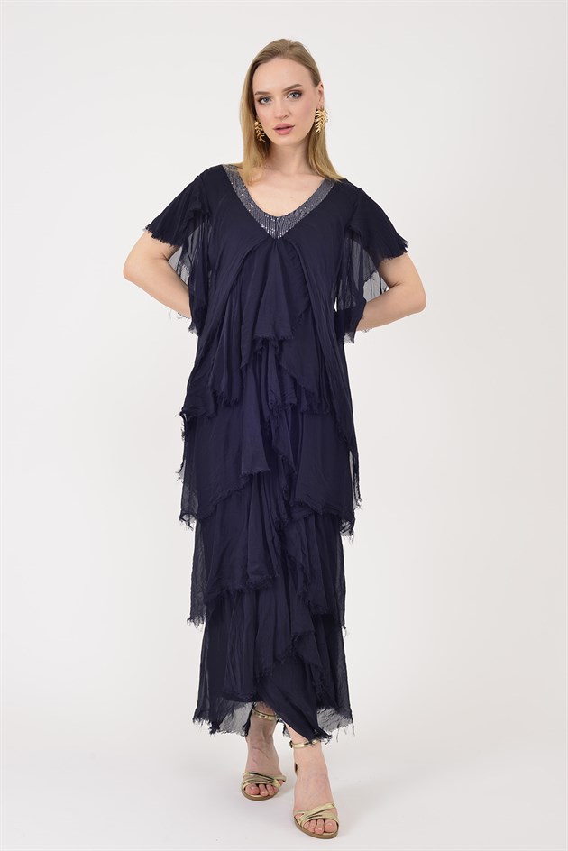 65714 PAYET DETAYLI V YAKA KAT KAT İPEK ELBİSE