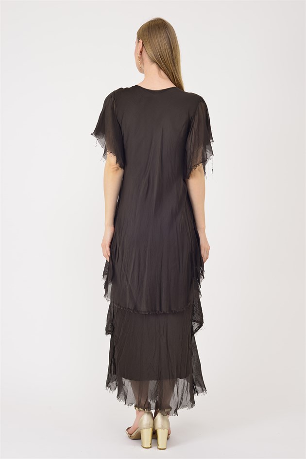 65714 PAYET DETAYLI V YAKA KAT KAT İPEK ELBİSE