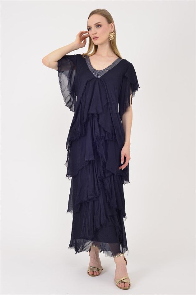 65714 PAYET DETAYLI V YAKA KAT KAT İPEK ELBİSE