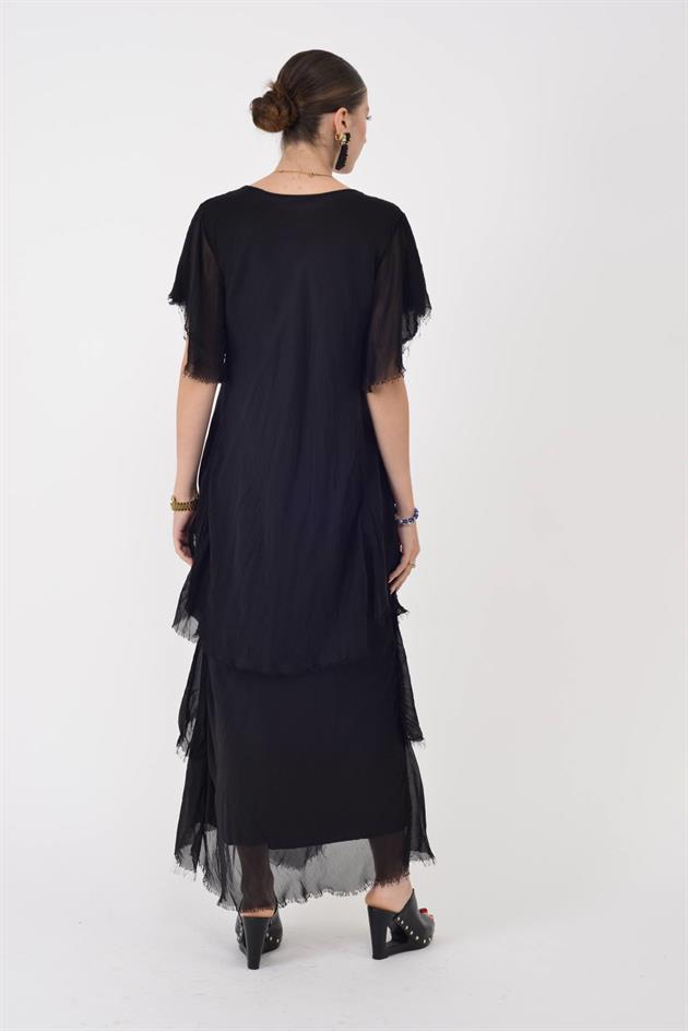 65714 PAYET DETAYLI V YAKA KAT KAT İPEK ELBİSE