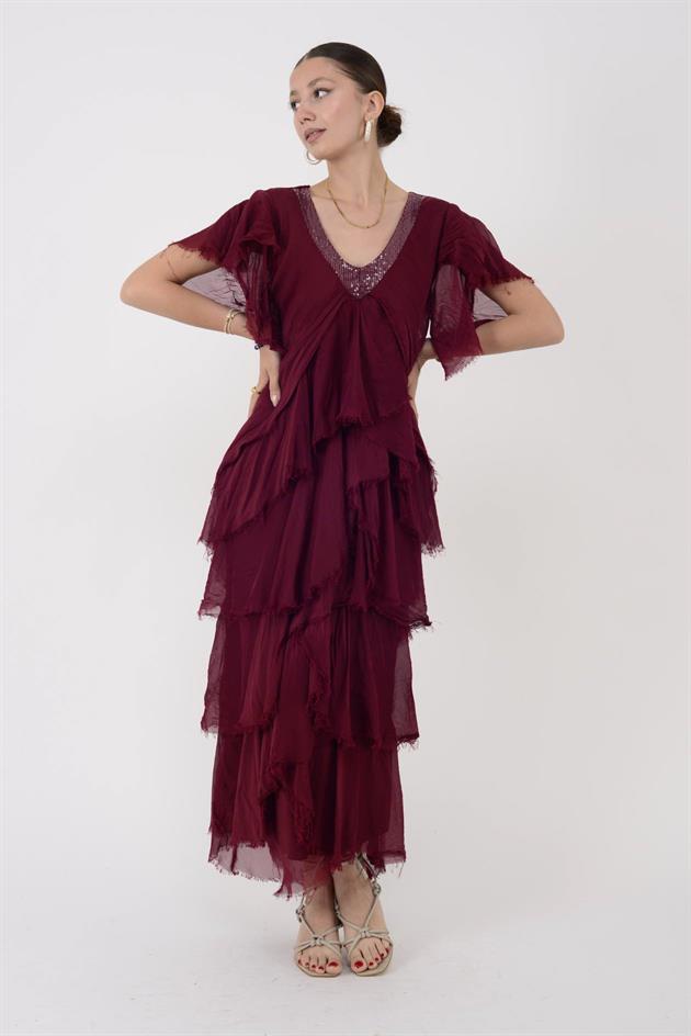 65714 PAYET DETAYLI V YAKA KAT KAT İPEK ELBİSE