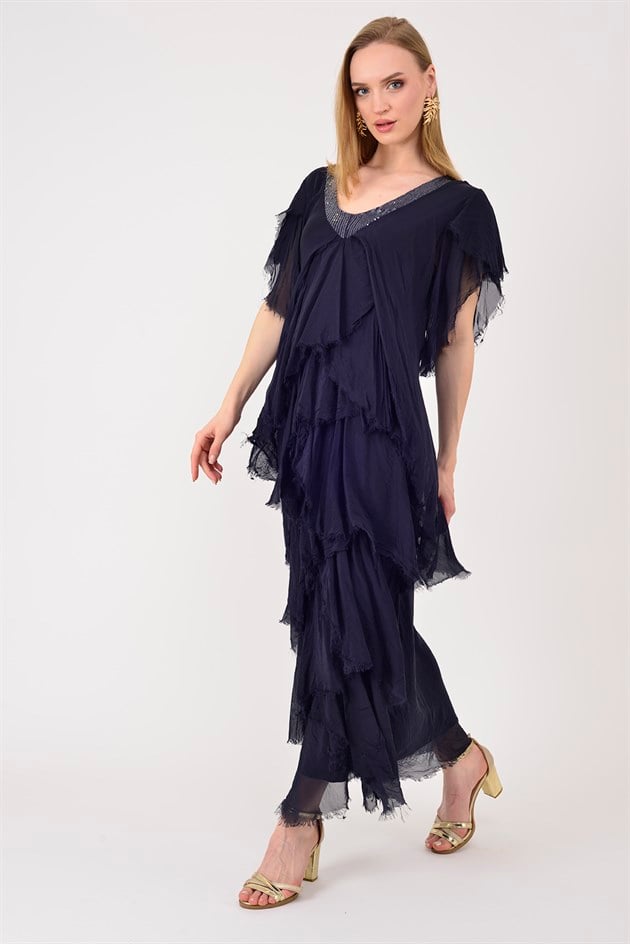 65714 PAYET DETAYLI V YAKA KAT KAT İPEK ELBİSE