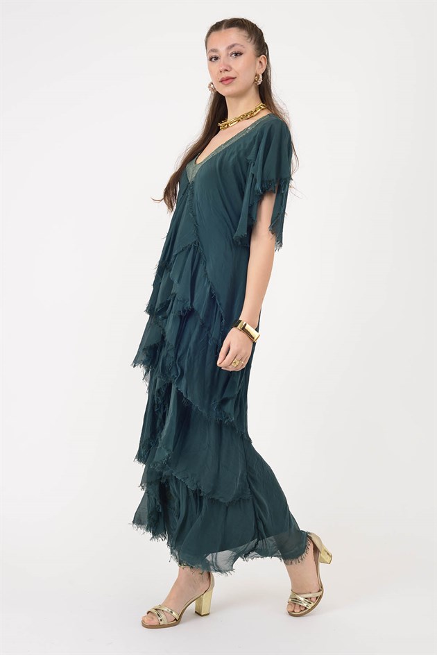 65714 PAYET DETAYLI V YAKA KAT KAT İPEK ELBİSE