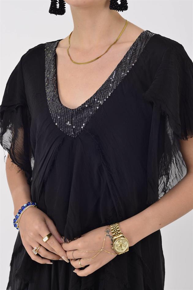 65714 PAYET DETAYLI V YAKA KAT KAT İPEK ELBİSE