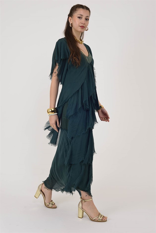 65714 PAYET DETAYLI V YAKA KAT KAT İPEK ELBİSE