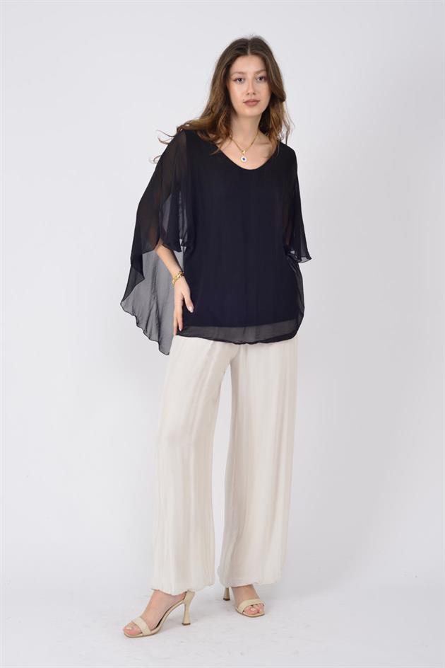 66014 SIRTI GÜPÜR DETAYLI İPEK BLUZ