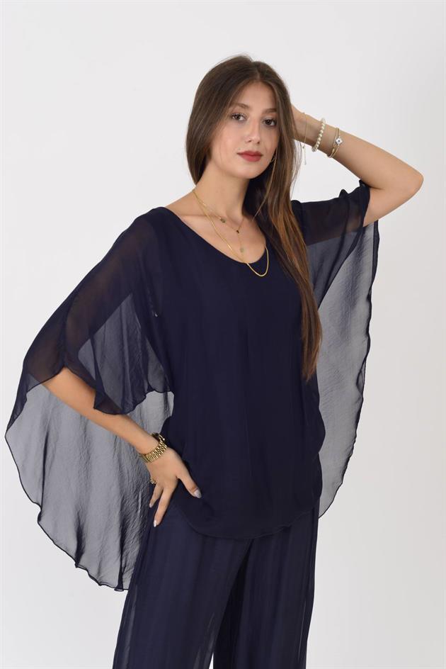 66014 SIRTI GÜPÜR DETAYLI İPEK BLUZ
