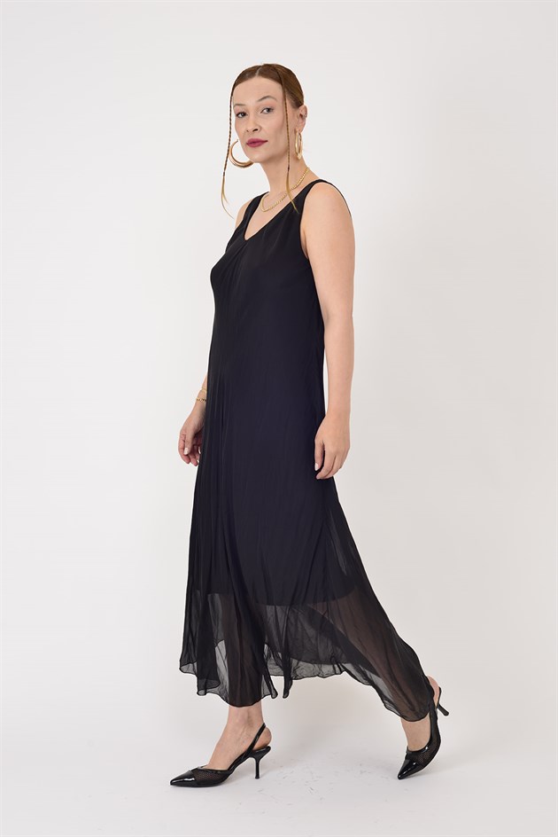 66365 ÖN ARKA V KOLSUZ İPEK ELBİSE