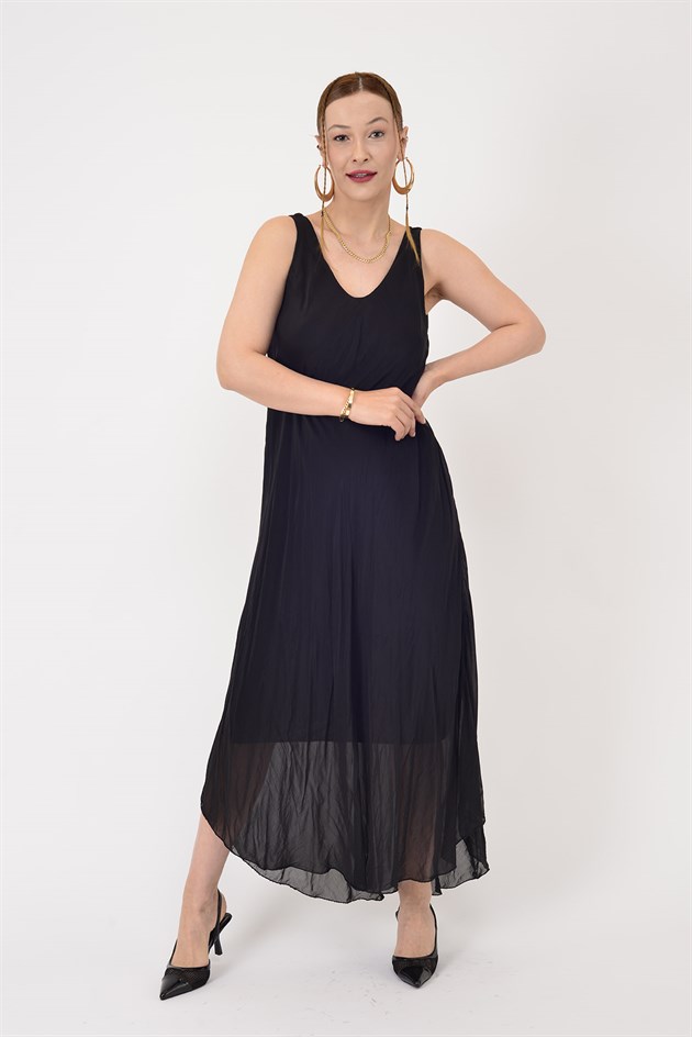 66365 ÖN ARKA V KOLSUZ İPEK ELBİSE