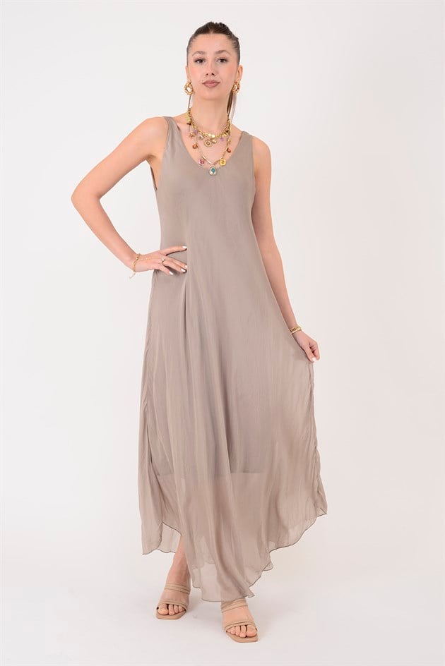 66365 ÖN ARKA V KOLSUZ İPEK ELBİSE