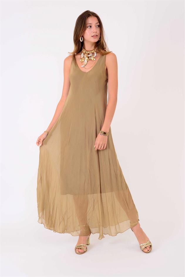 66365 ÖN ARKA V KOLSUZ İPEK ELBİSE