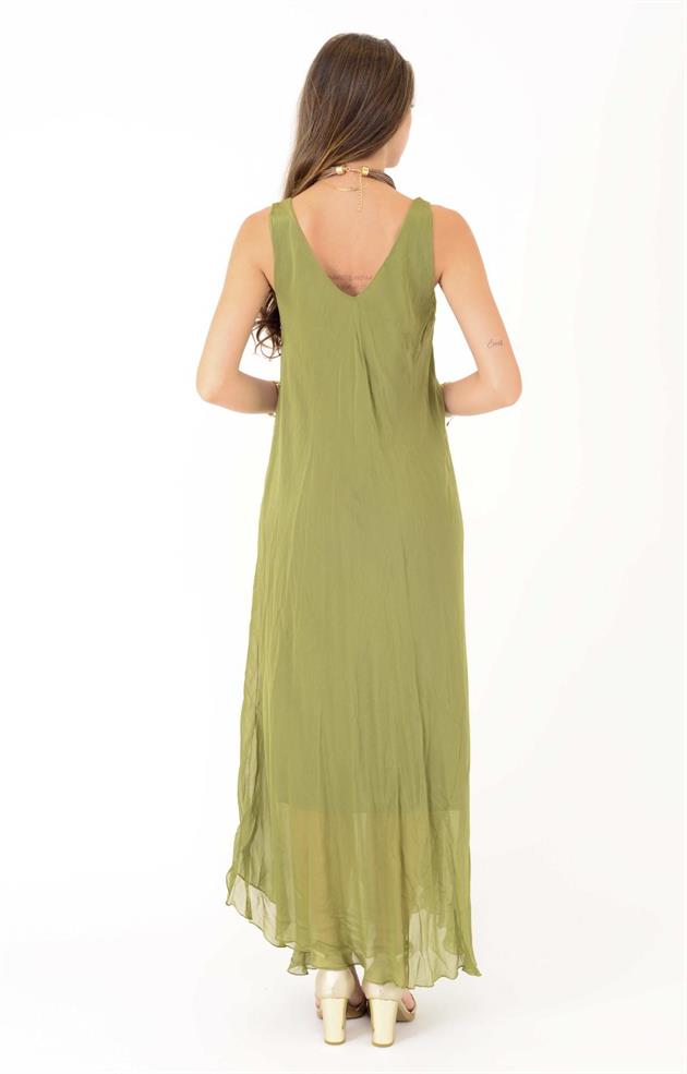 66365 ÖN ARKA V KOLSUZ İPEK ELBİSE