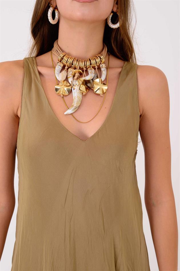 66365 ÖN ARKA V KOLSUZ İPEK ELBİSE