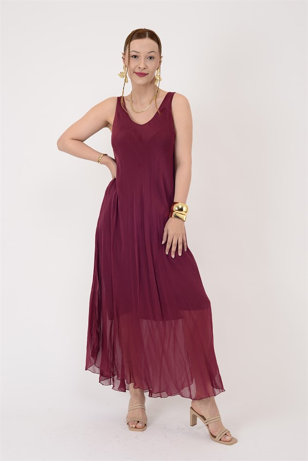 66365 ÖN ARKA V KOLSUZ İPEK ELBİSE