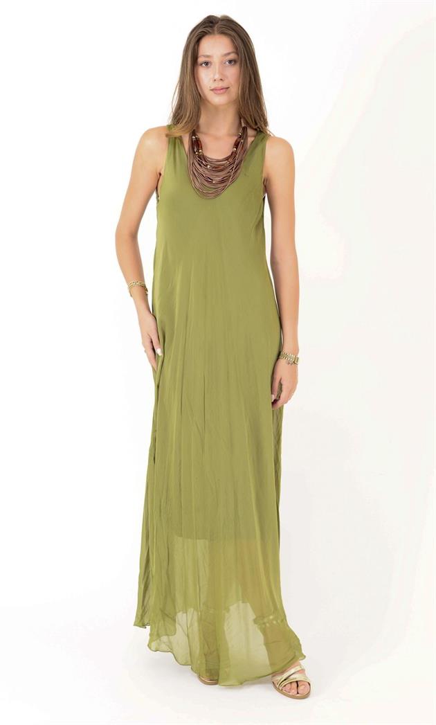 66365 ÖN ARKA V KOLSUZ İPEK ELBİSE