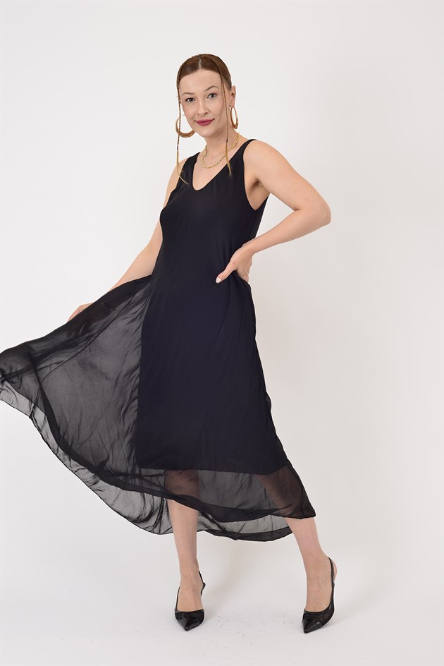 66365 ÖN ARKA V KOLSUZ İPEK ELBİSE