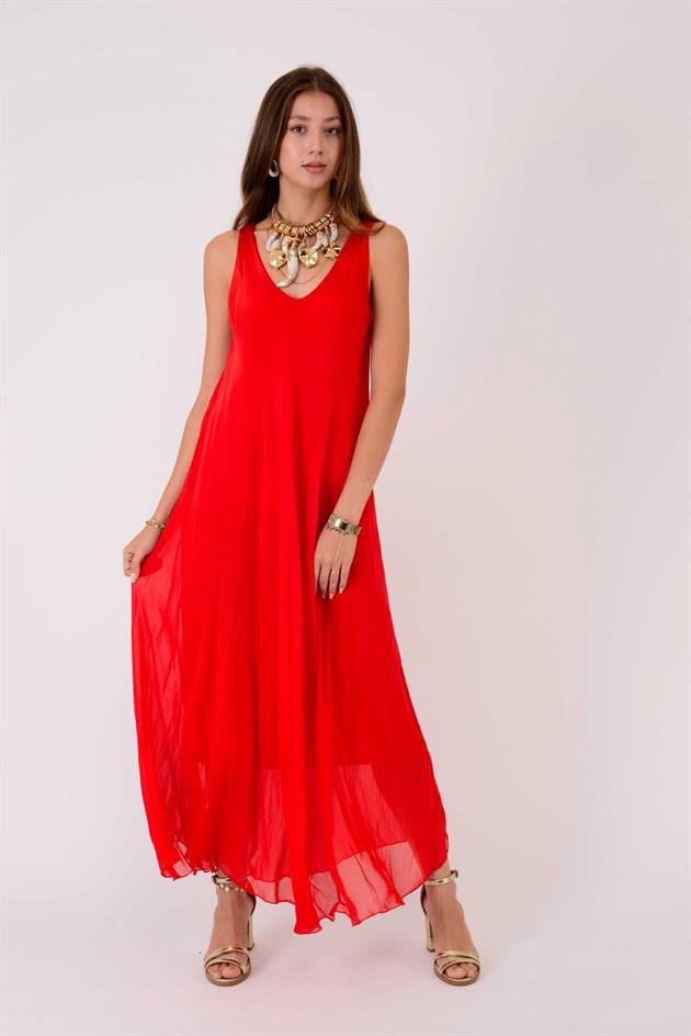 66365 ÖN ARKA V KOLSUZ İPEK ELBİSE