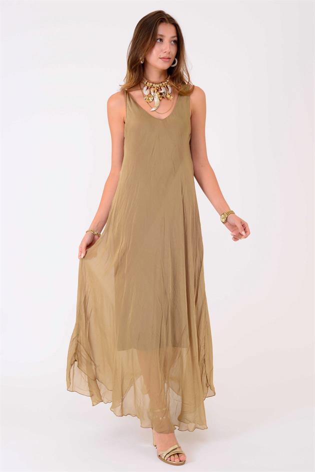 66365 ÖN ARKA V KOLSUZ İPEK ELBİSE