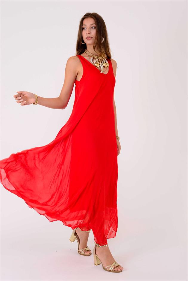 66365 ÖN ARKA V KOLSUZ İPEK ELBİSE