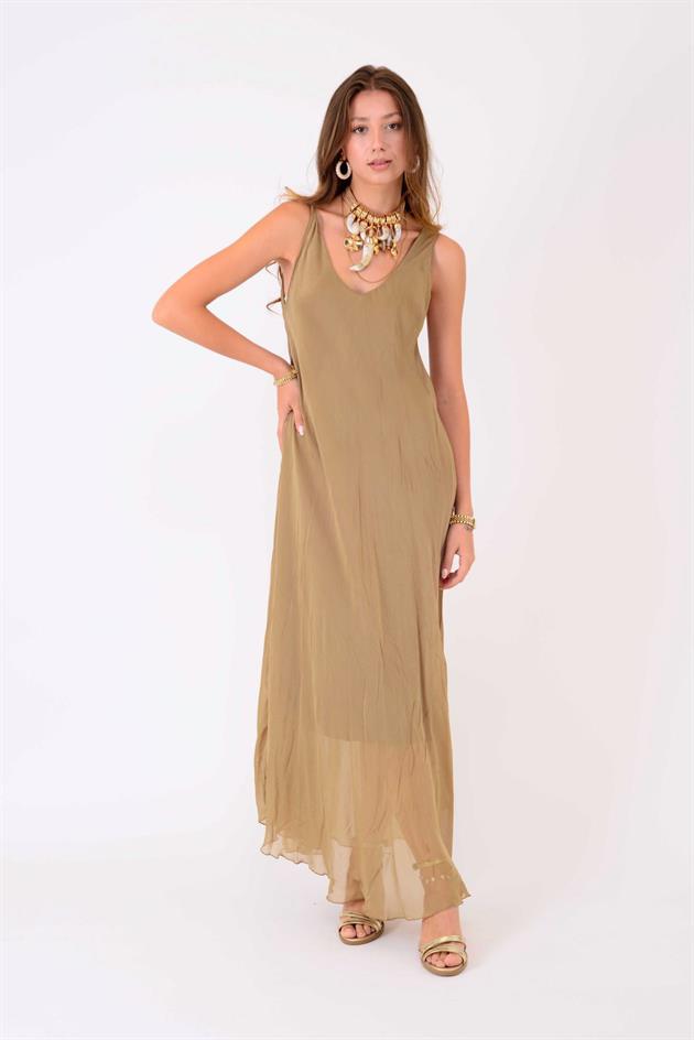 66365 ÖN ARKA V KOLSUZ İPEK ELBİSE