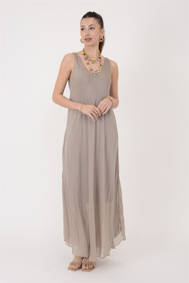 66365 ÖN ARKA V KOLSUZ İPEK ELBİSE