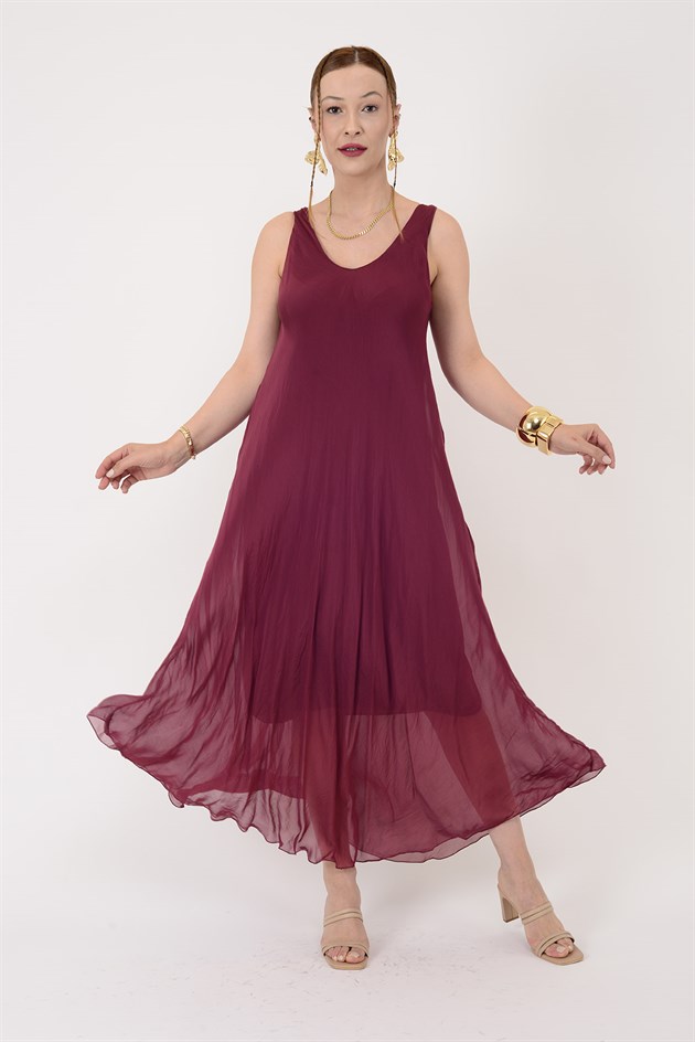 66365 ÖN ARKA V KOLSUZ İPEK ELBİSE