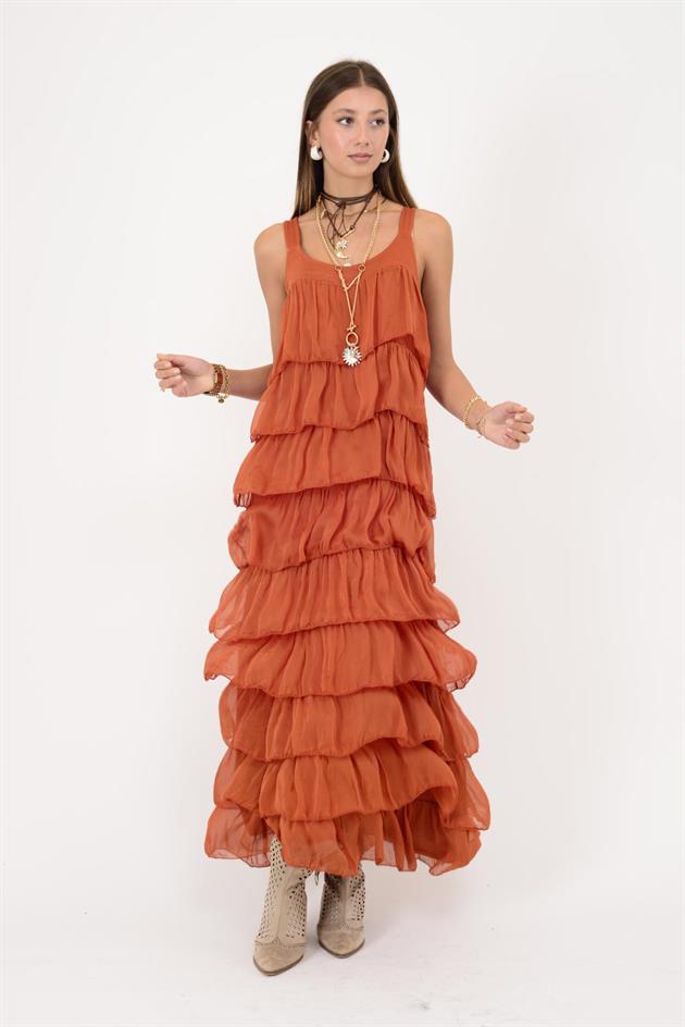 66370 KALIN ASKILI KAT KAT İPEK ELBİSE