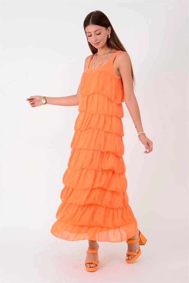 66370 KALIN ASKILI KAT KAT İPEK ELBİSE