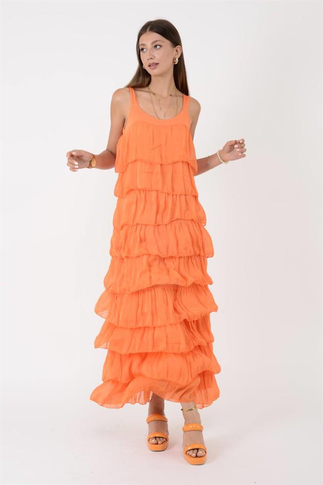 66370 KALIN ASKILI KAT KAT İPEK ELBİSE