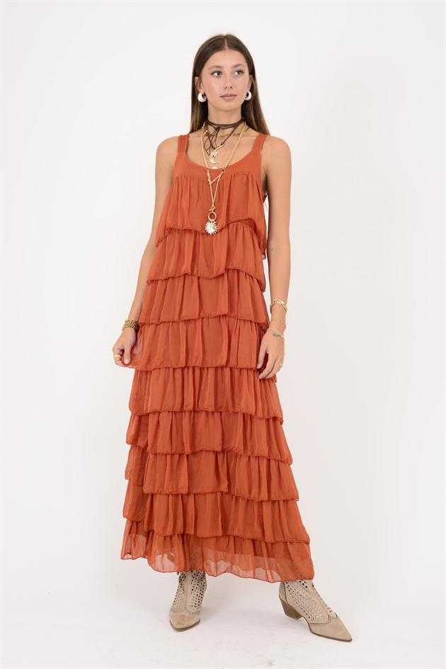 66370 KALIN ASKILI KAT KAT İPEK ELBİSE